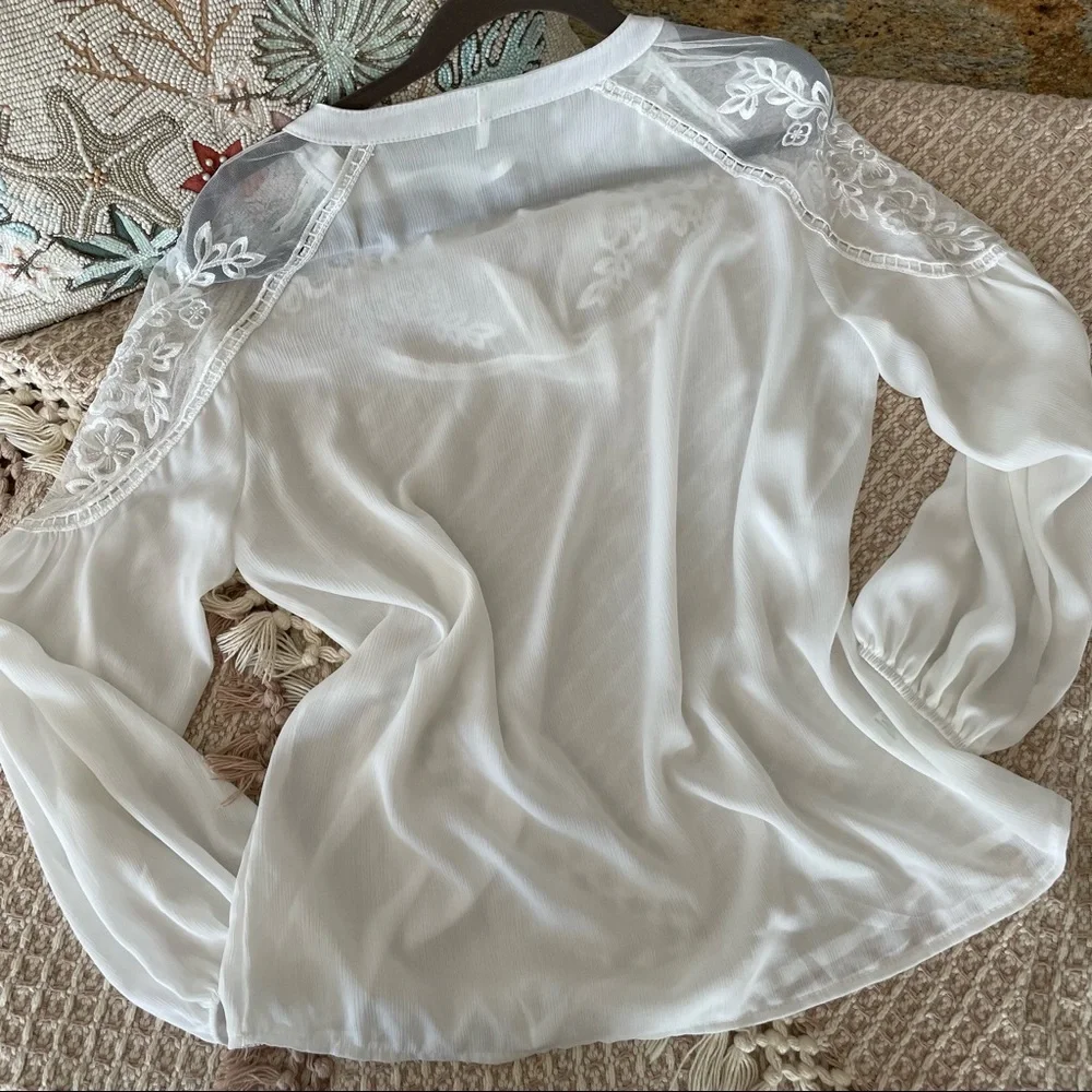 Sheer Bell Sleeve V-neck Tie Blouse - Picture 4 of 7